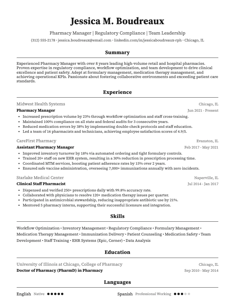Pharmacy Manager Resume Example