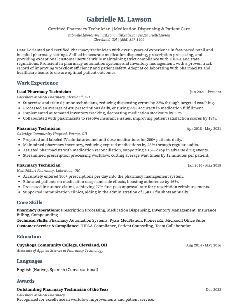 Pharmacy Technician Resume Example