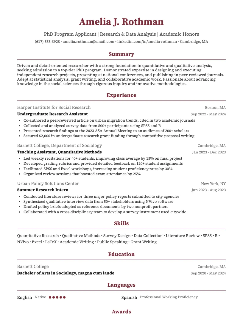 Phd Program Applicant Resume Example
