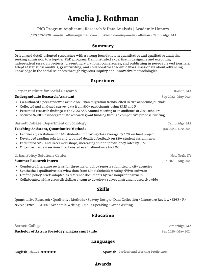 Phd Program Applicant Resume Example
