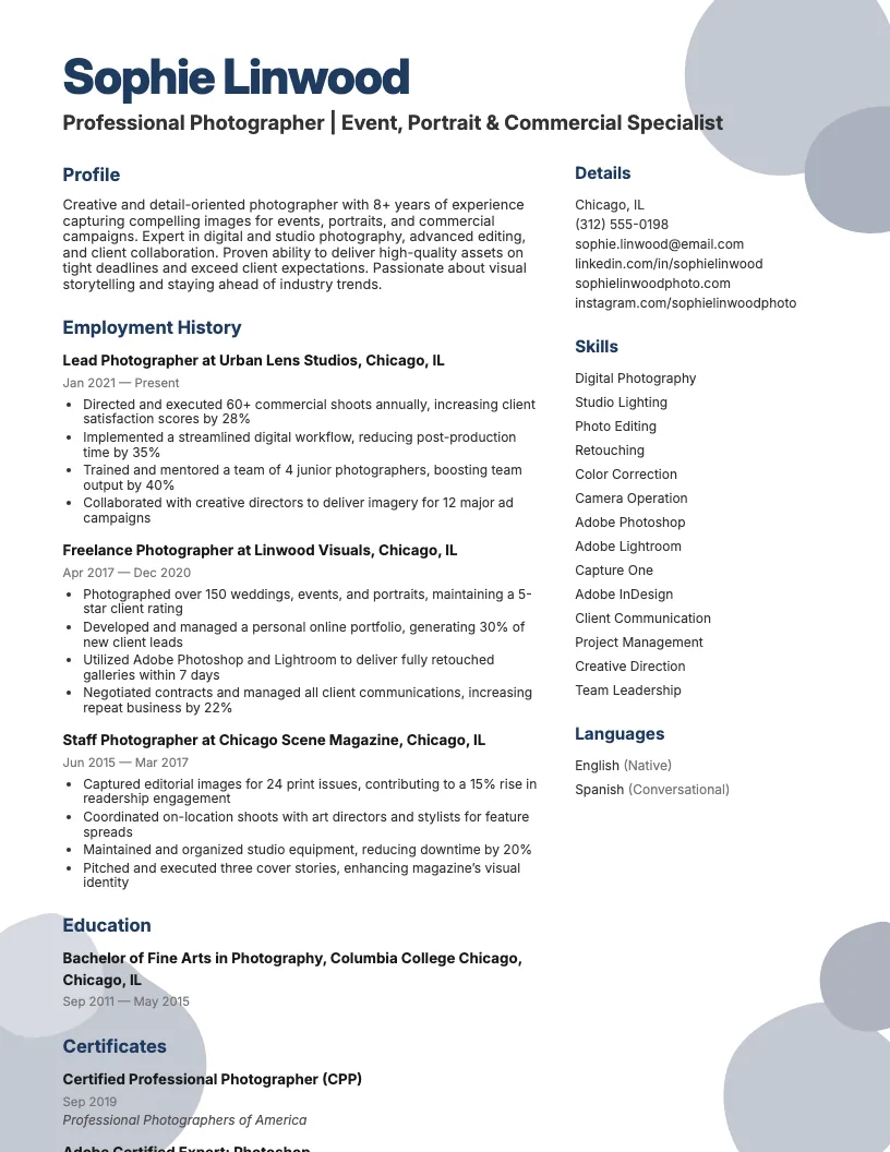 Destination Wedding Photographer Resume Example