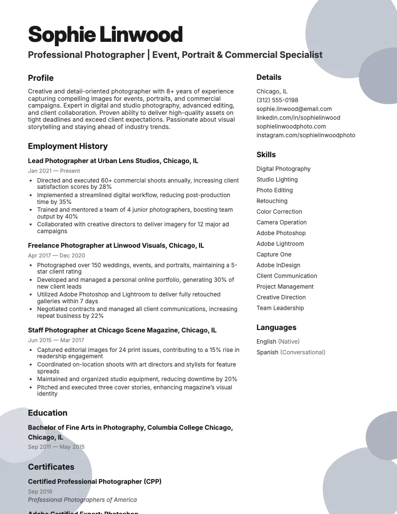 Photographer resume example