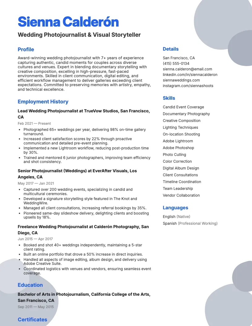 Photojournalist (Weddings) Resume Example