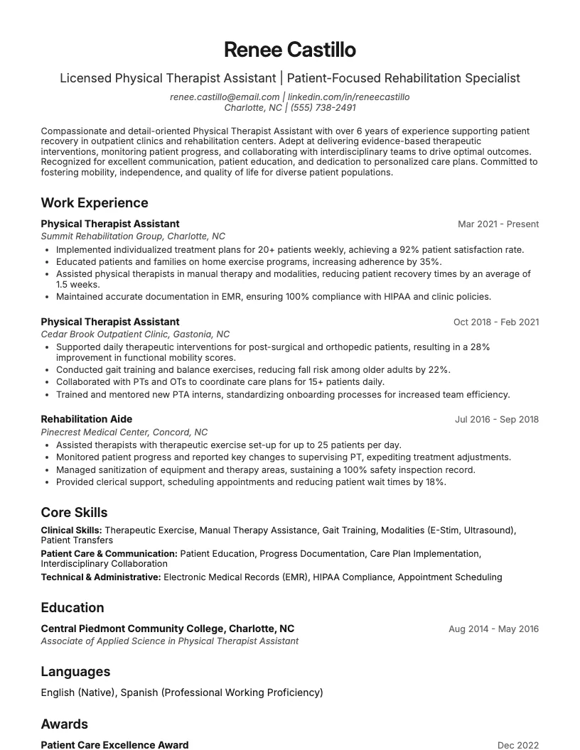 Physical Therapist Assistant Resume Example