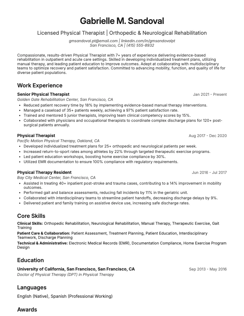 Physical Therapist Resume Example