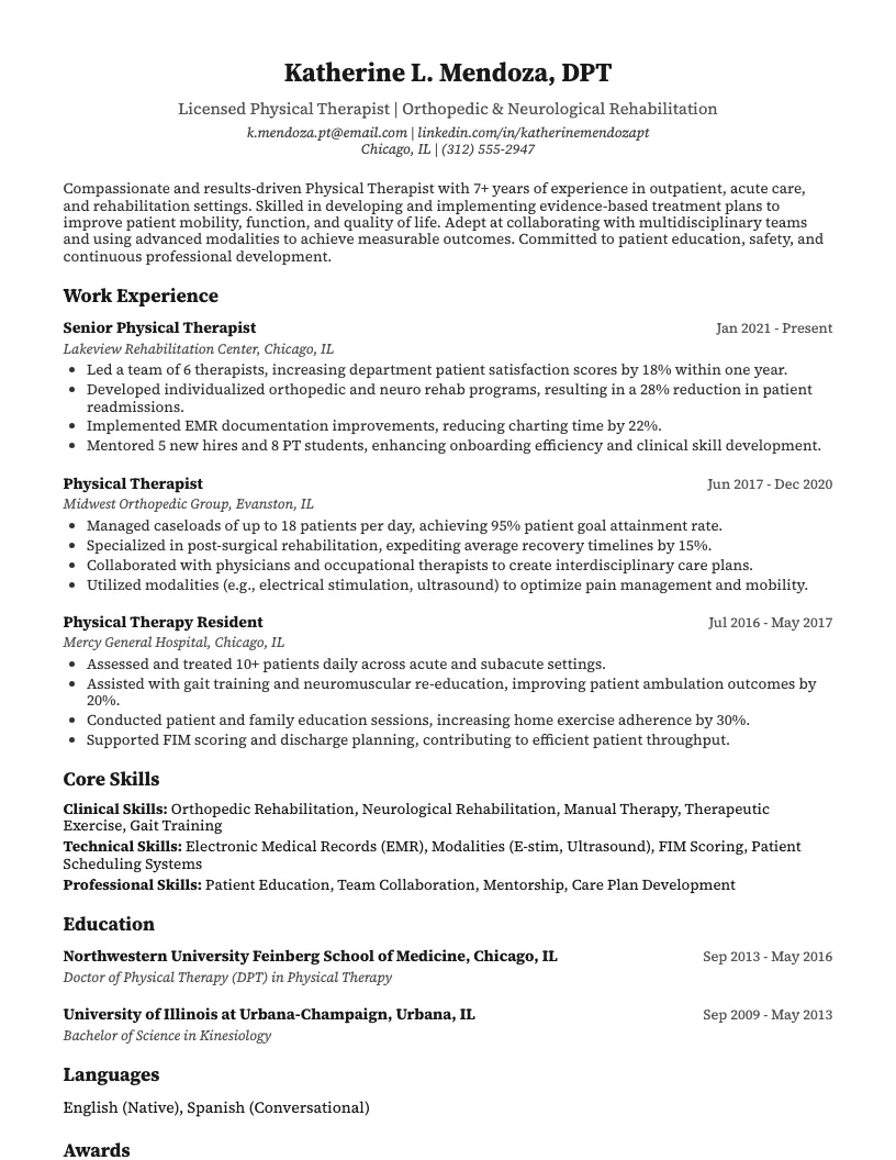 Physical Therapy Resume Example