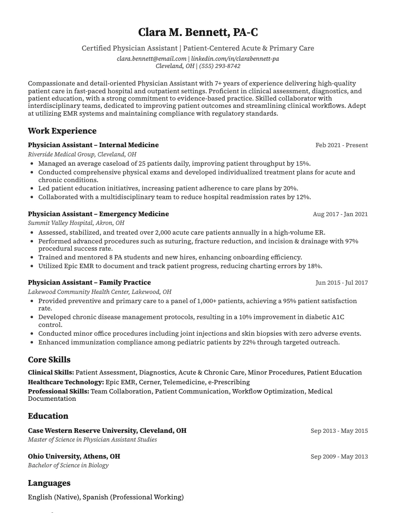 Physician Assistant (Surgical) Resume Example