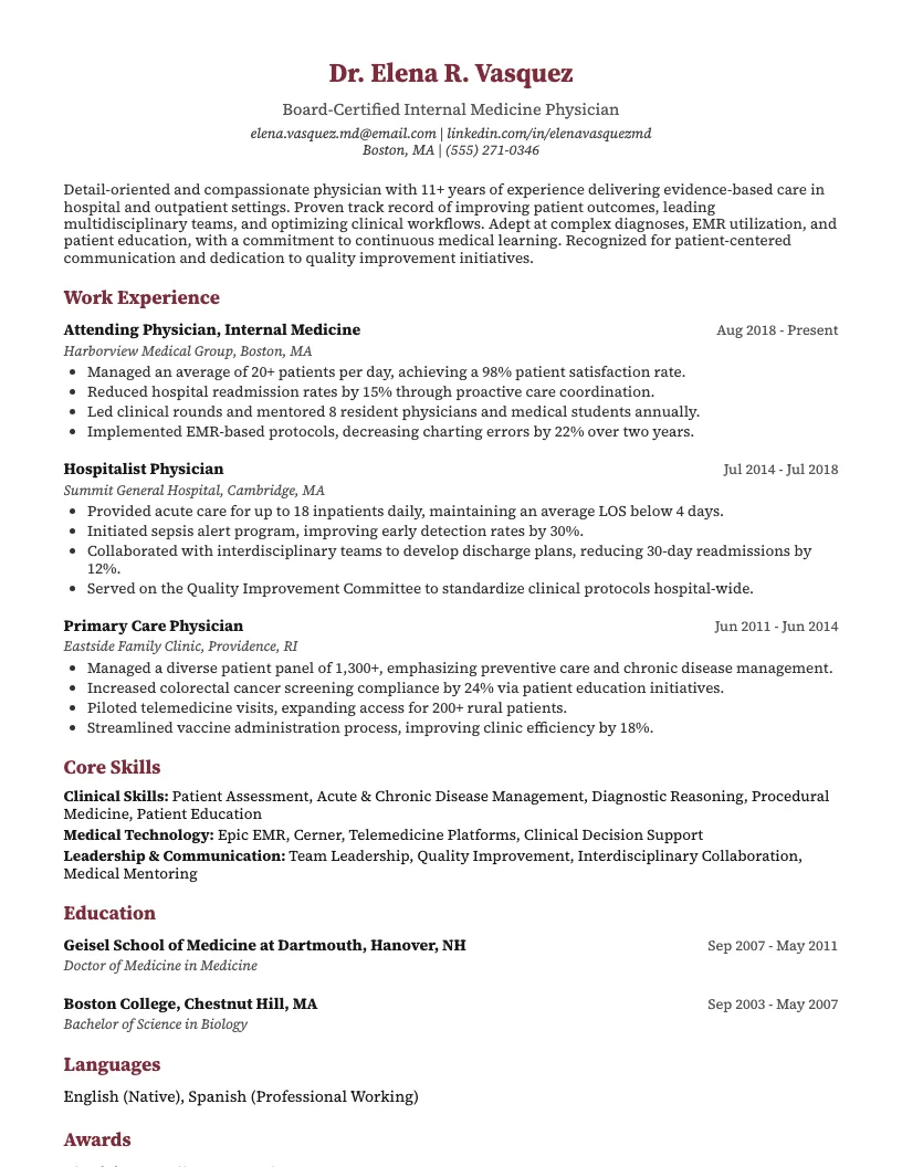 Hospitalist Physician Resume Example