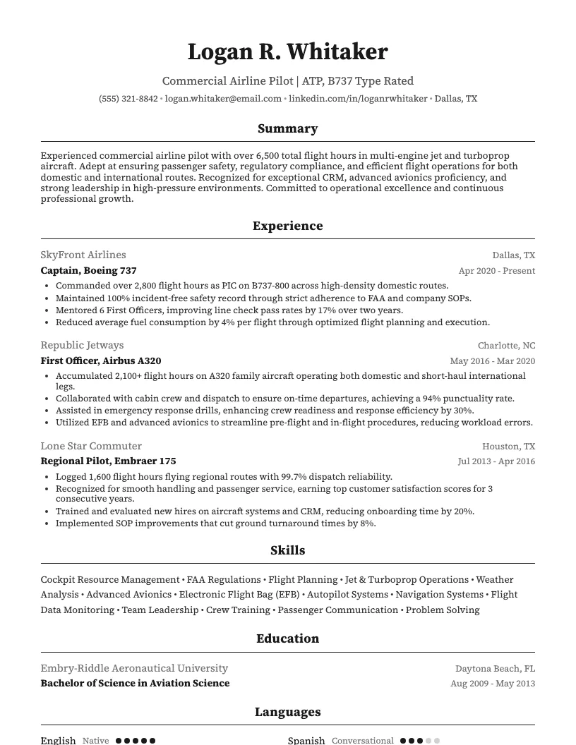Pilot resume example