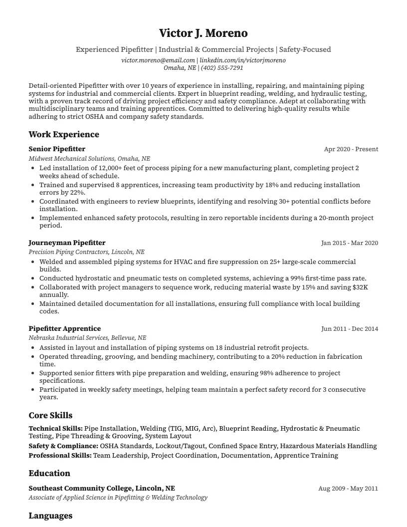 Pipefitter Resume Example