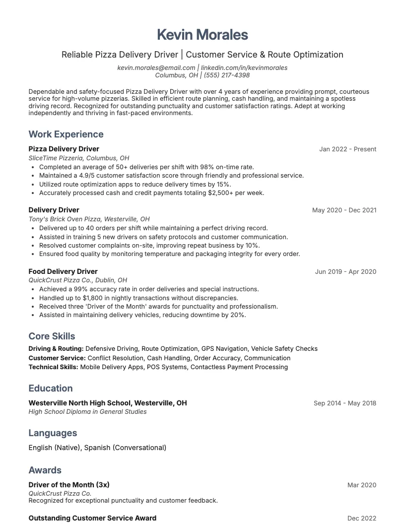 Pizza Delivery Driver Resume Example
