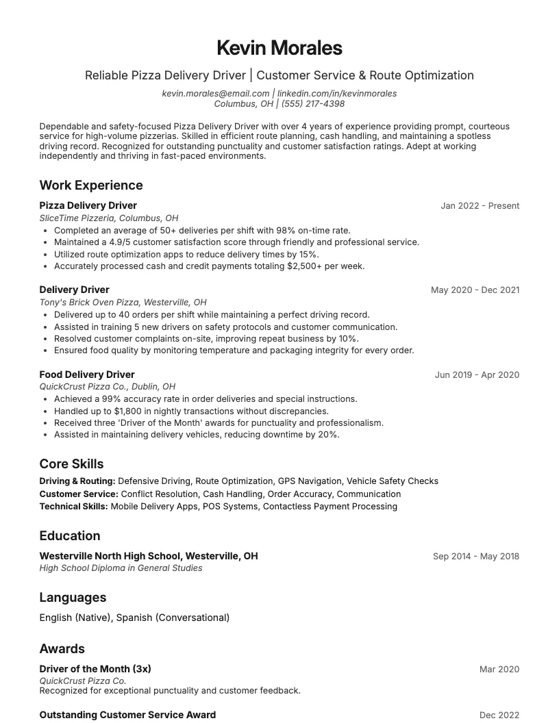 Pizza Delivery Driver Resume Example