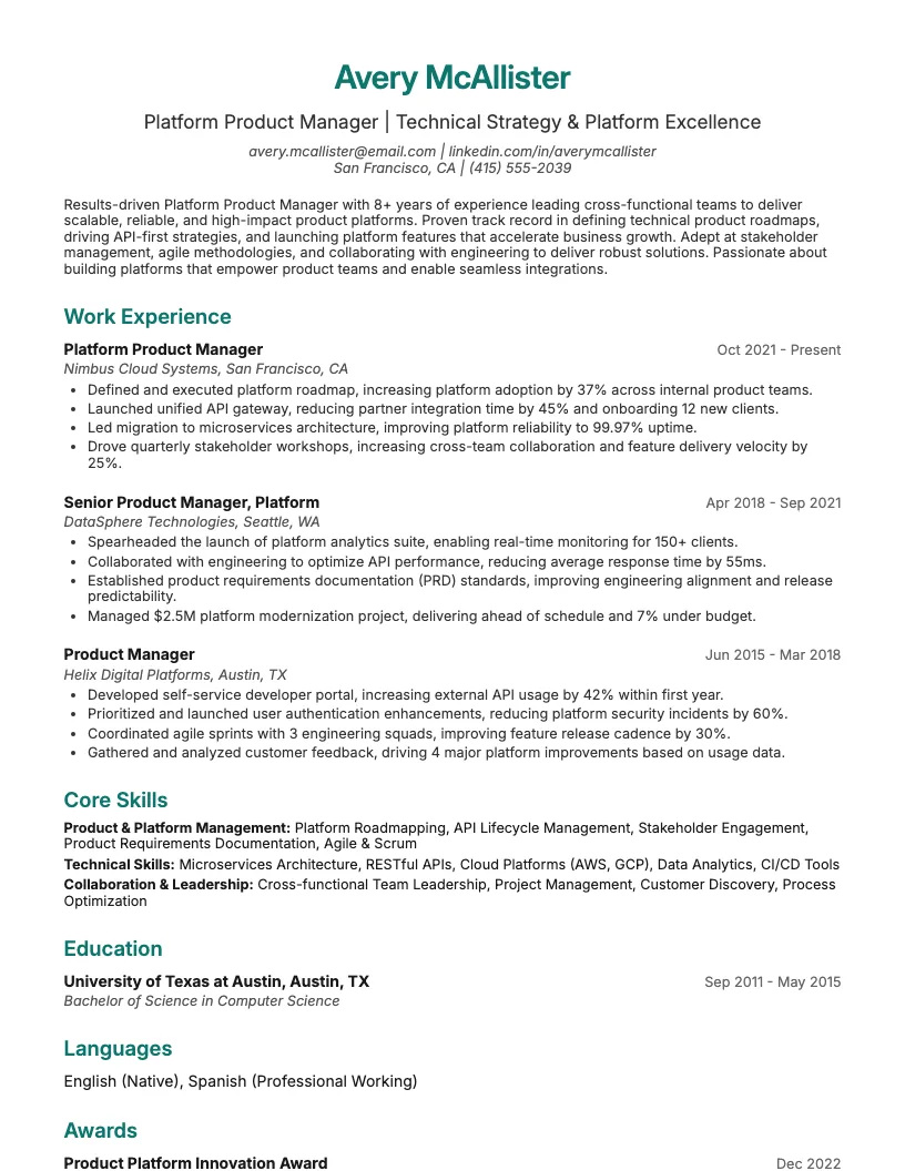Platform Product Manager Resume Example