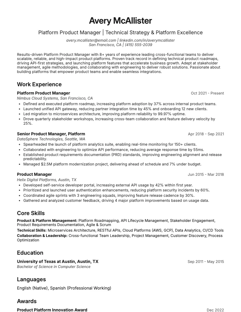 Platform Product Manager Resume Example