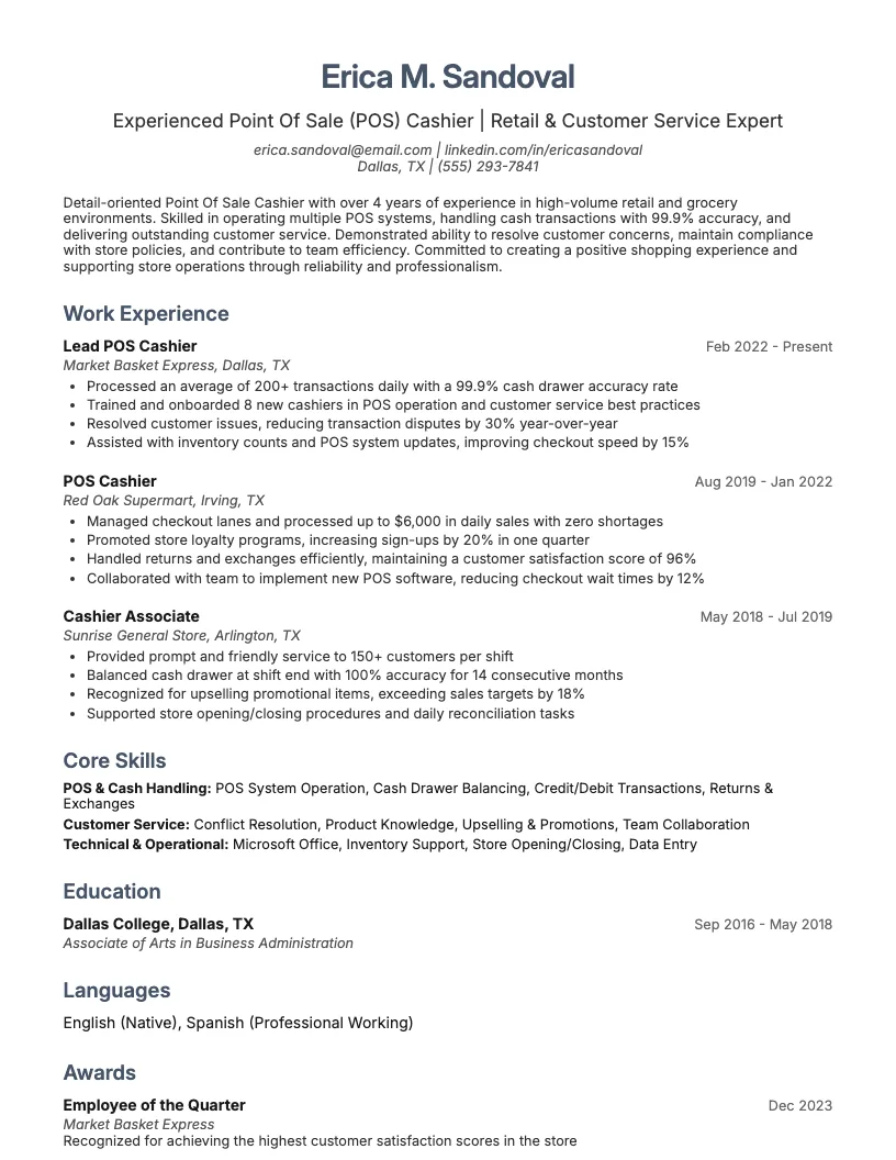 Point Of Sale Pos Cashier Resume Example