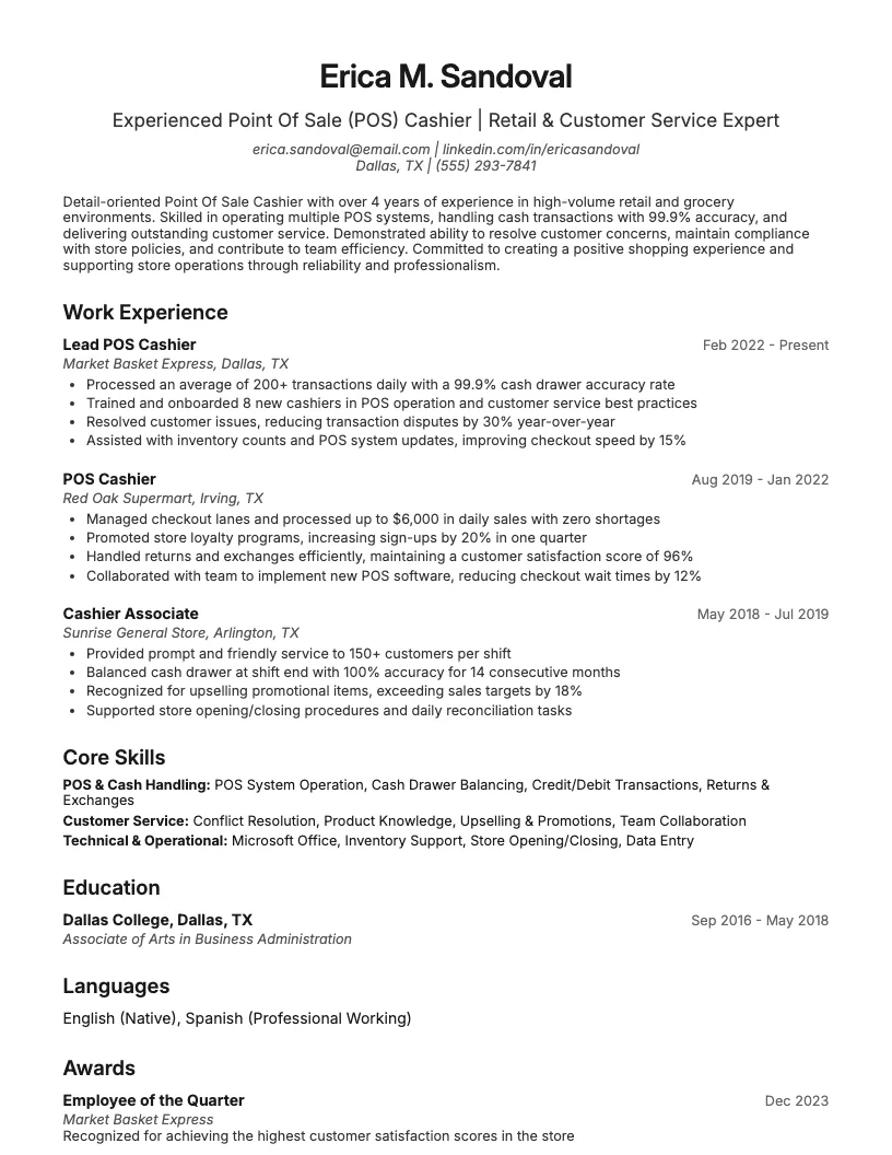 Point Of Sale Pos Cashier Resume Example
