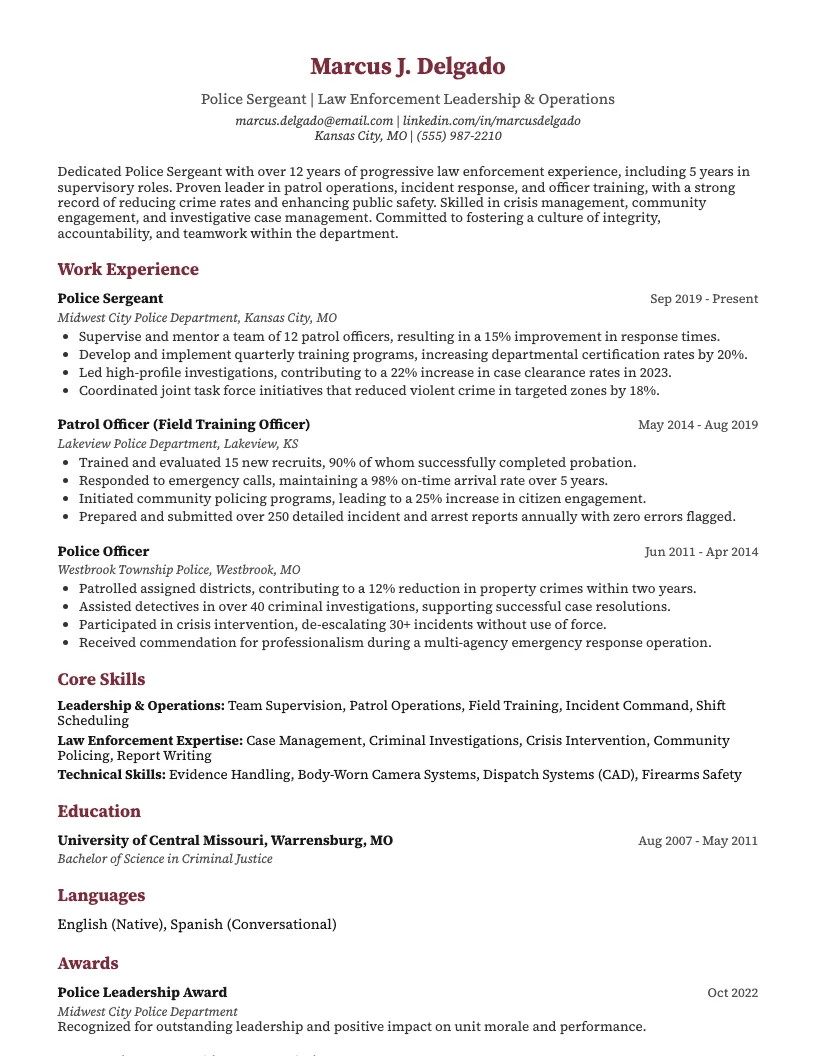 Police Sergeant Resume Example