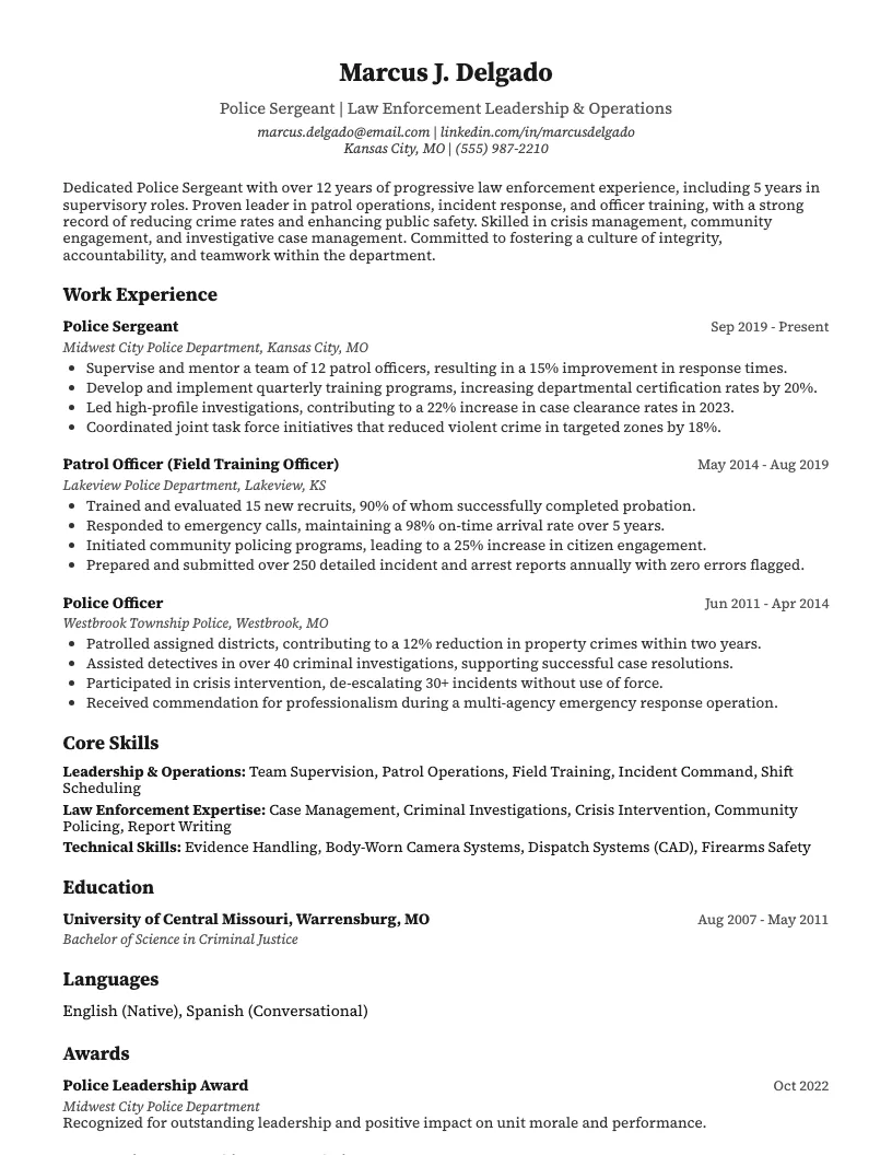 Police Sergeant Resume Example