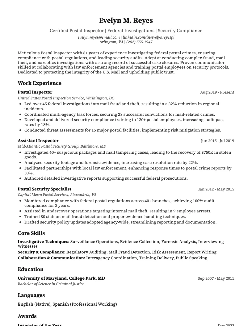 Postal Inspector Resume Example