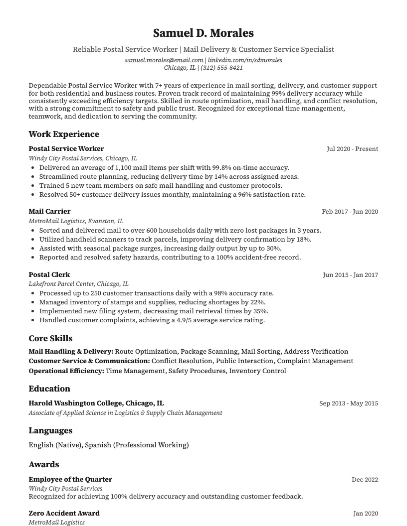 Postal Service Worker Resume Example