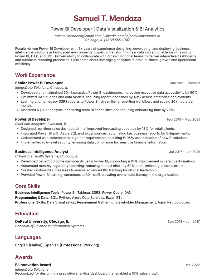 Power BI Developer Resume Example