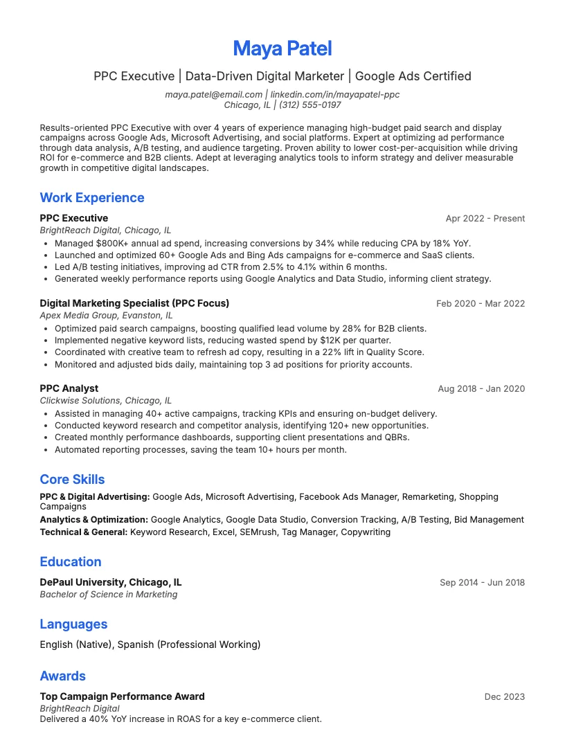 PPC Executive Resume Example