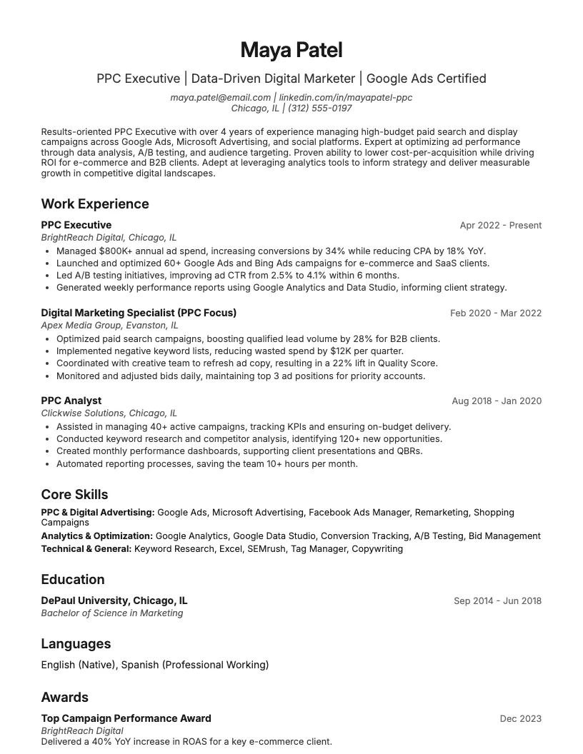 Ppc Executive Resume Example