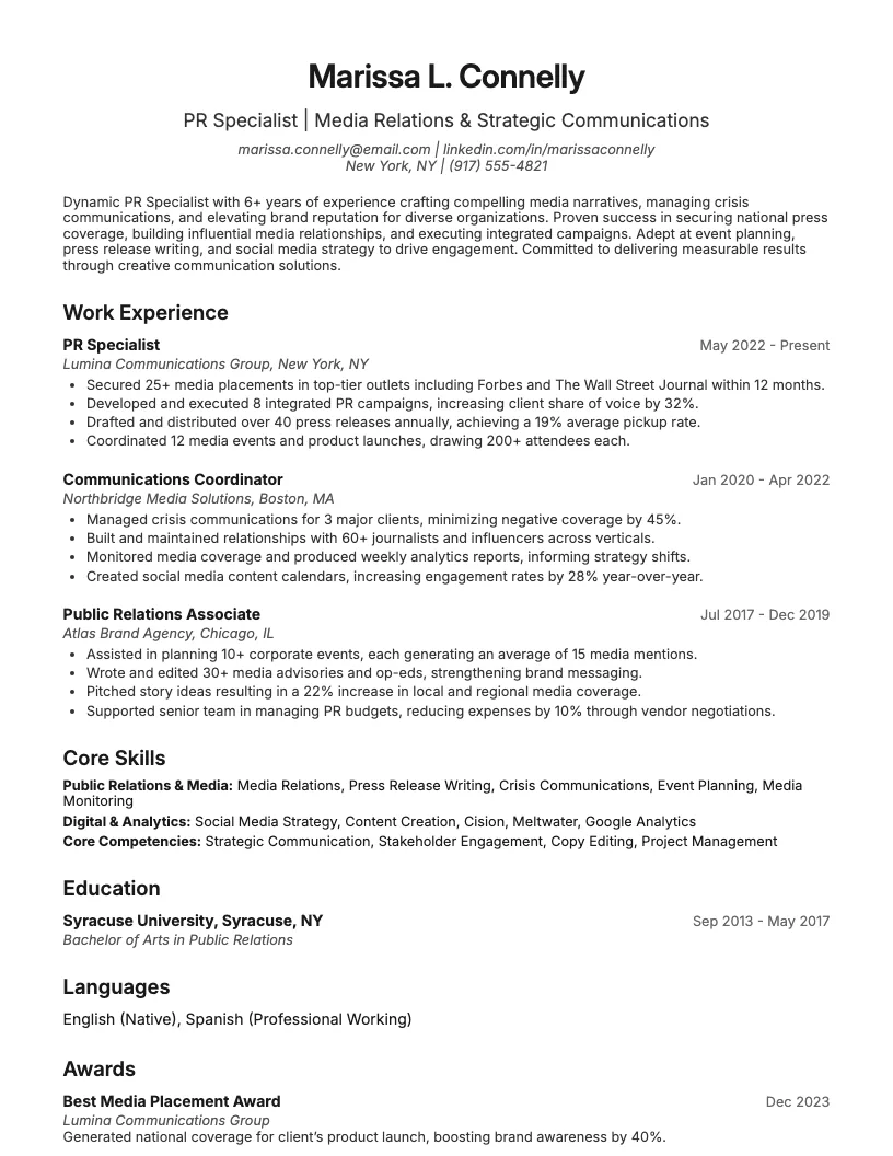 Pr Specialist Resume Example
