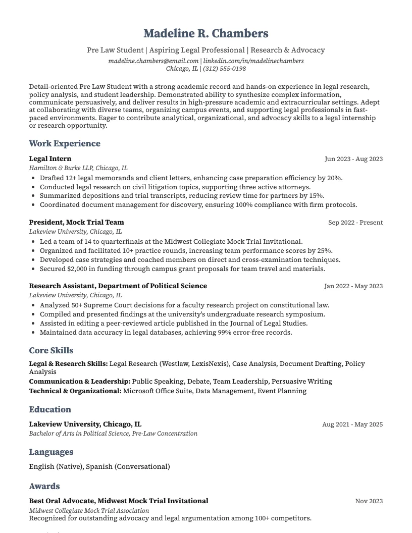 Pre Law Student Resume Example