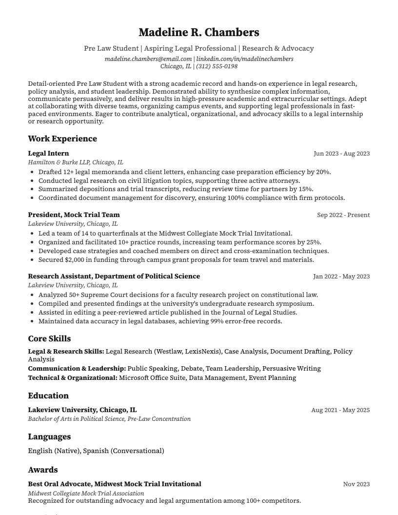 Pre Law Student Resume Example