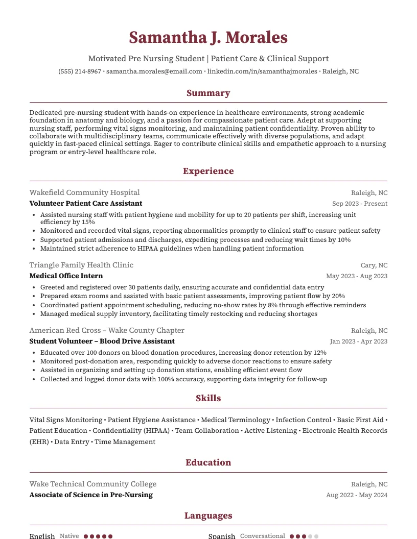 Pre Nursing Student Resume Example