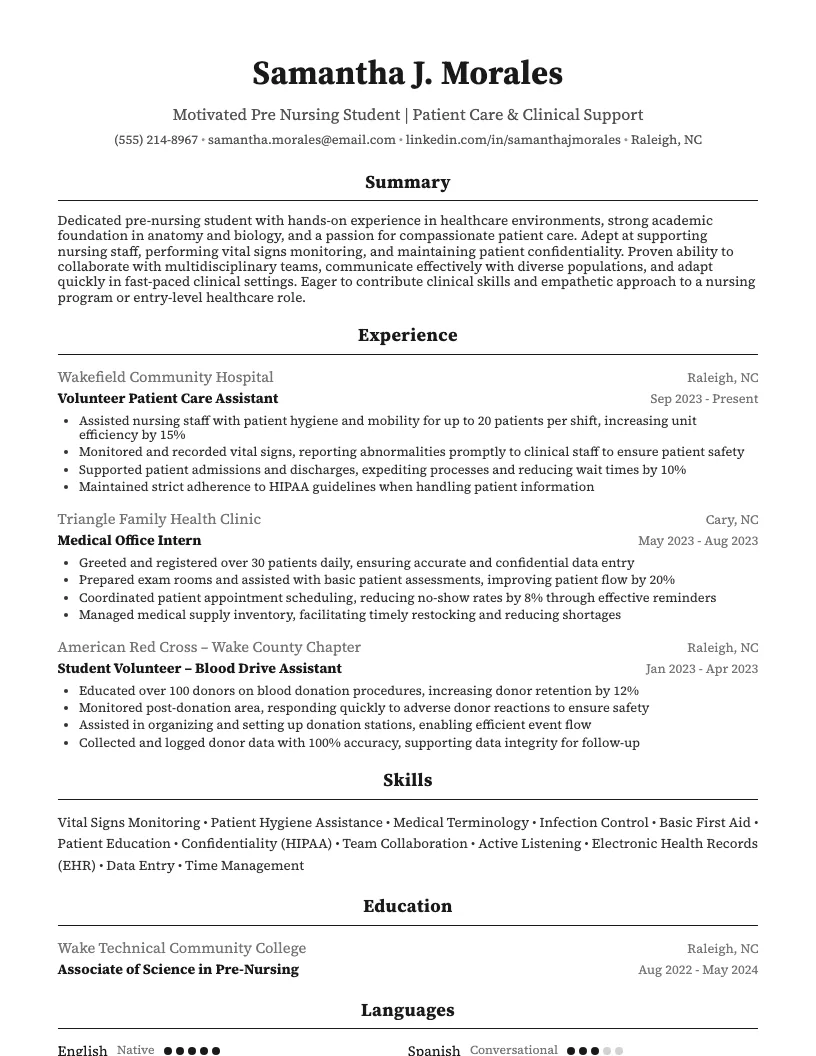 Pre-Nursing Student Resume Example