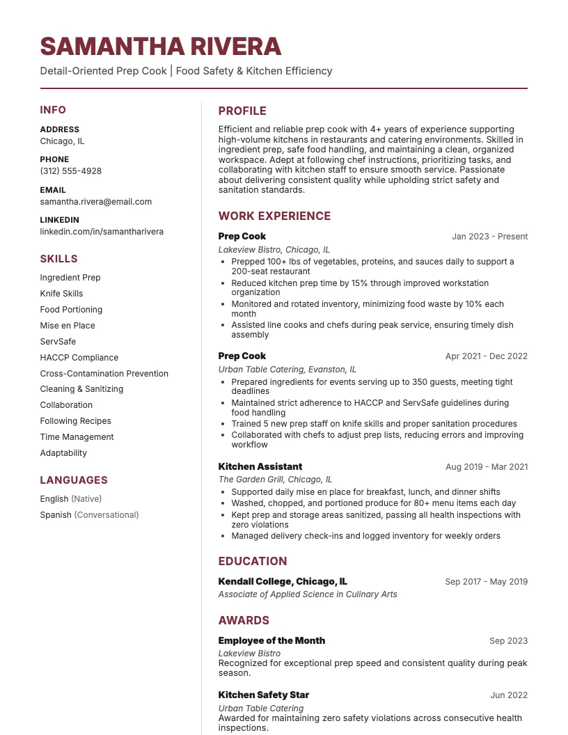 Prep Cook Resume Example