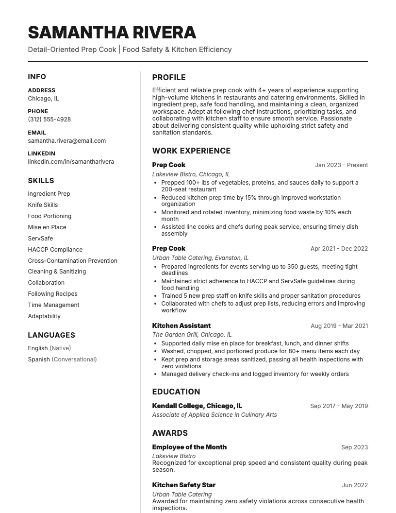 Prep Cook Resume Example
