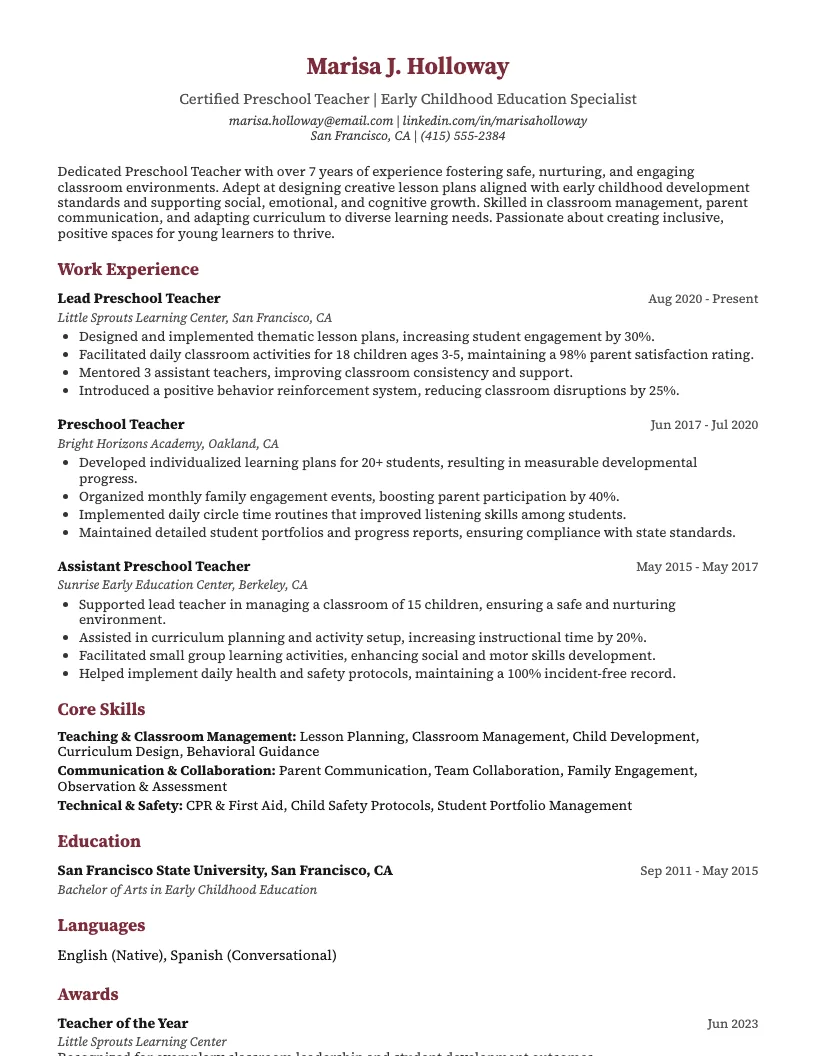 Preschool Teacher Resume Example