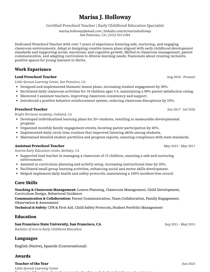 Preschool Teacher Resume Example
