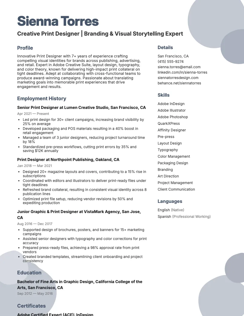 Print Designer Resume Example