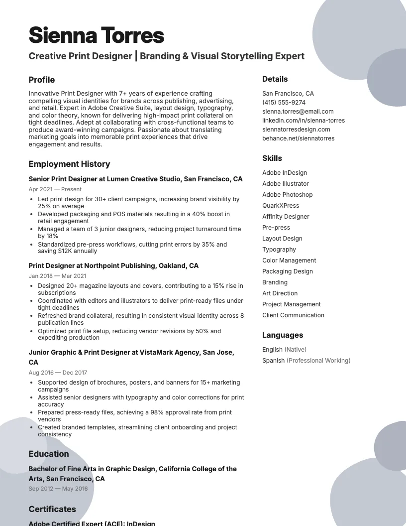 Print Designer Resume Example