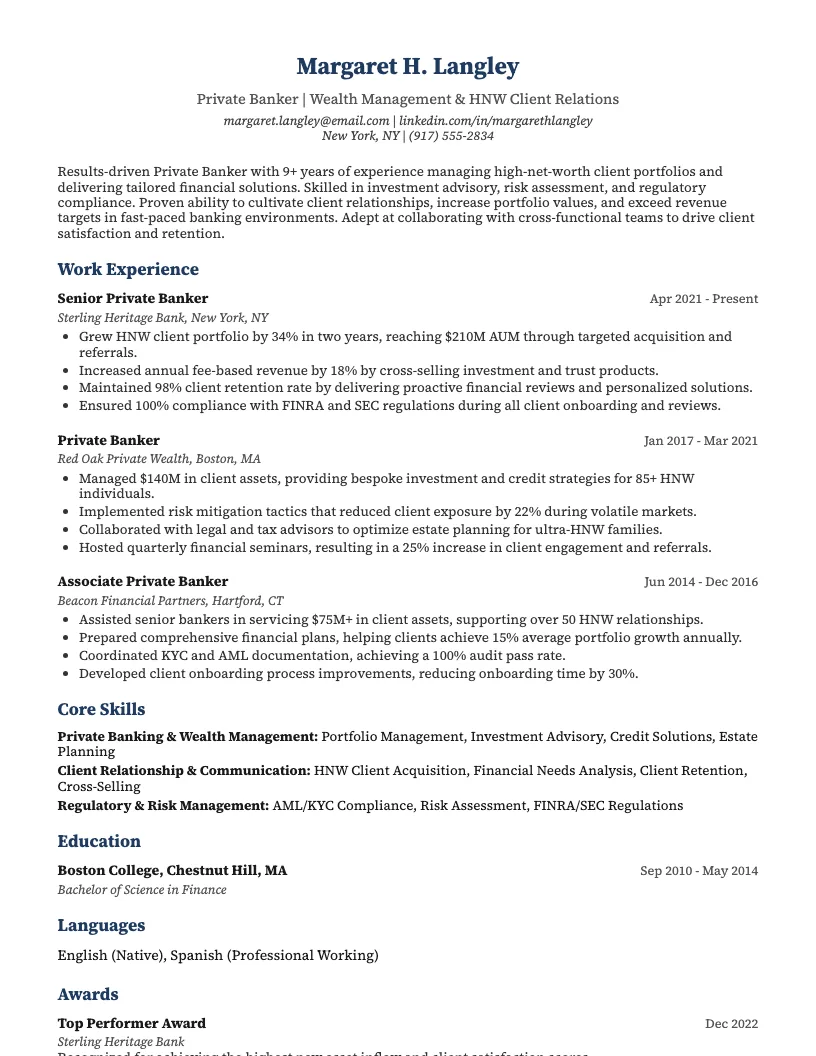 Private Banker Resume Example