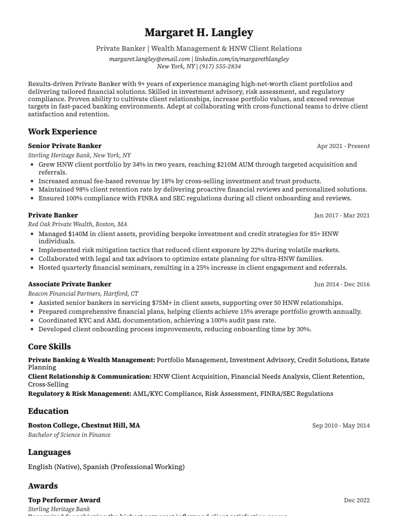 Private Banker Resume Example
