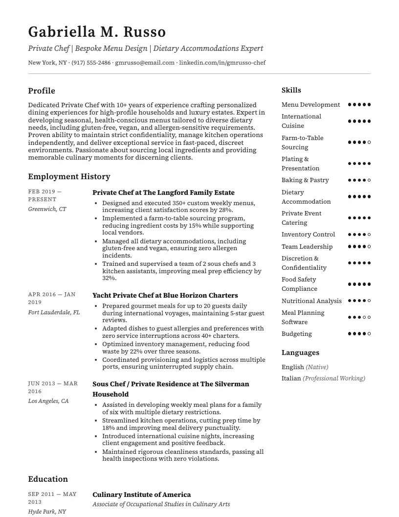 Private Chef Resume Example