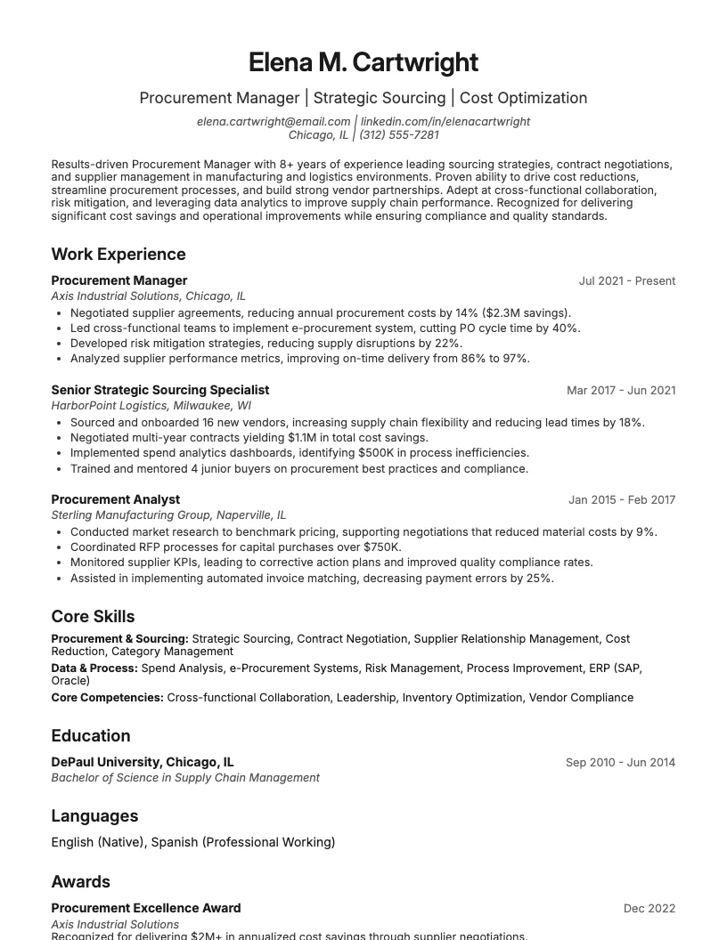 Procurement Manager Resume Example