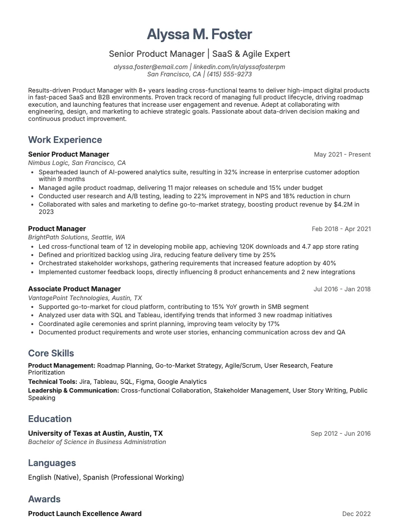Product Manager Resume Example