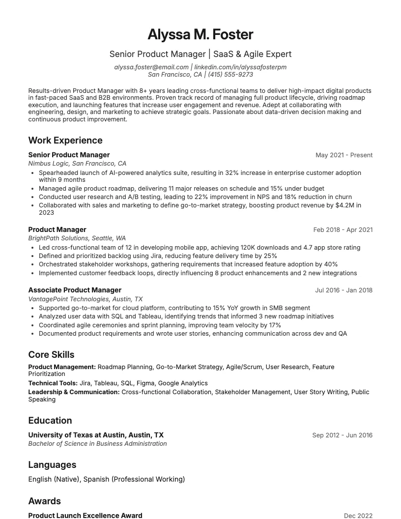 Product Manager resume example