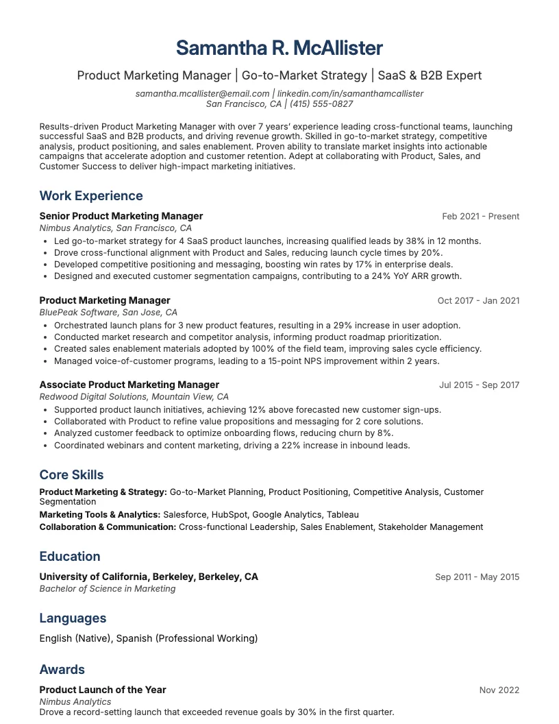 Product Marketing Manager Resume Example