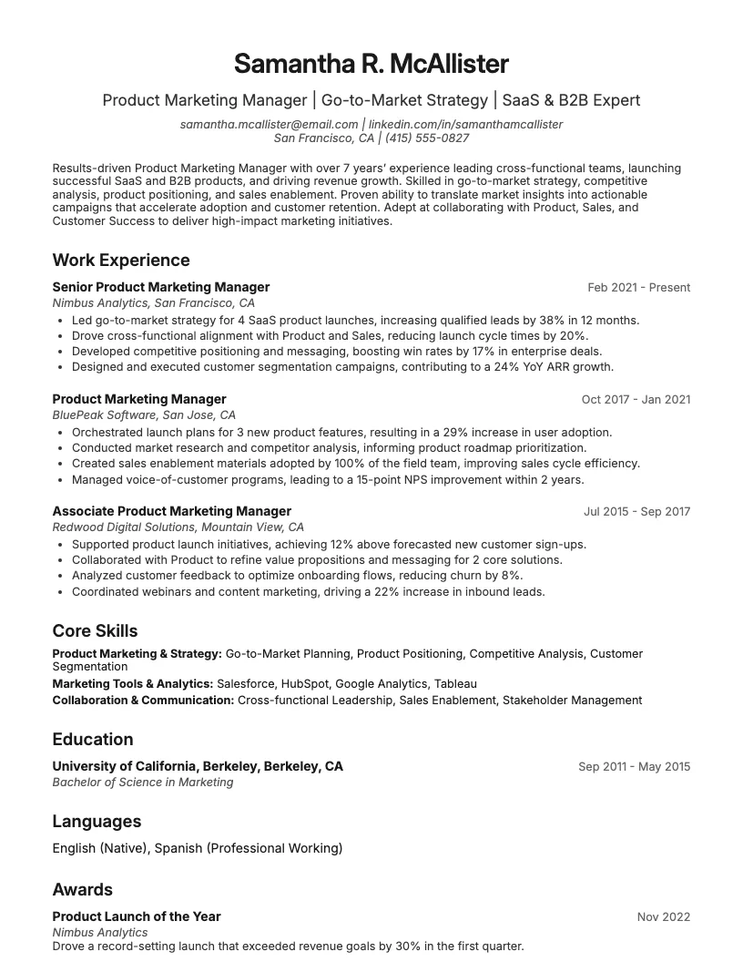 Product Marketing Manager Resume Example