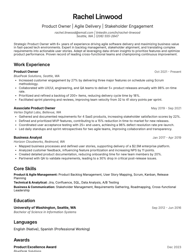 Product Owner Resume Example