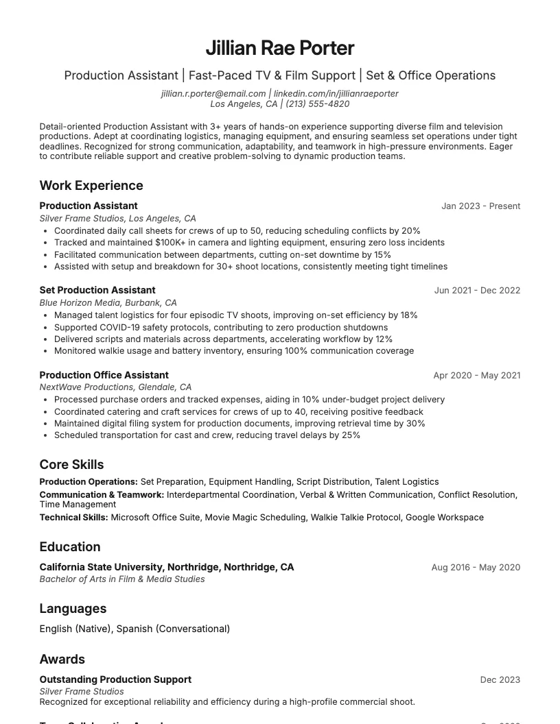 Production Assistant Resume Example