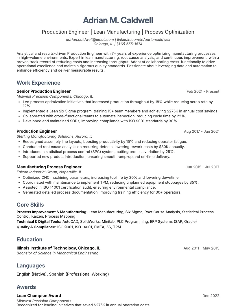 Production Engineer Resume Example
