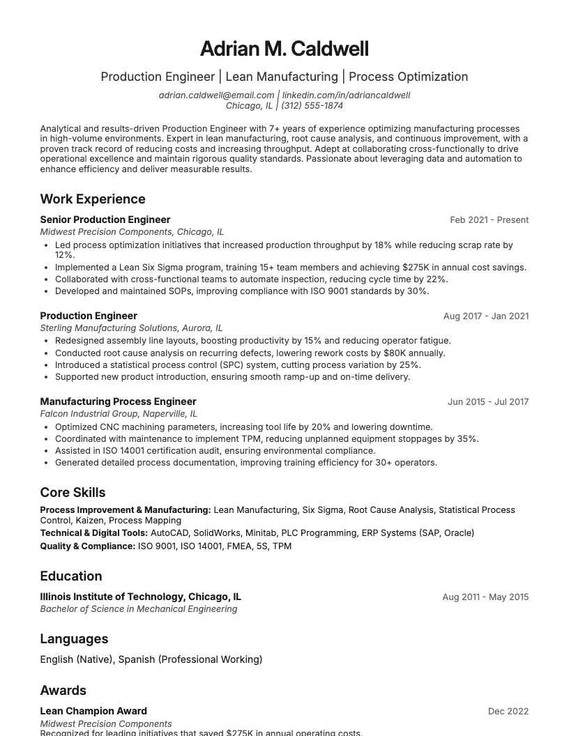 Production Engineer Resume Example